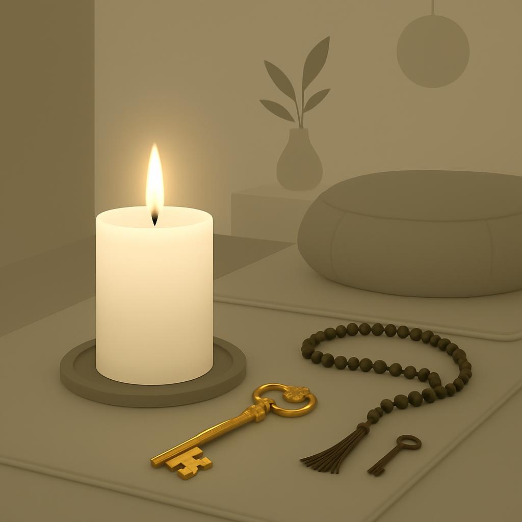 A lit white candle on a gray table, surrounded by keys, a rosary, and a plant in the background.