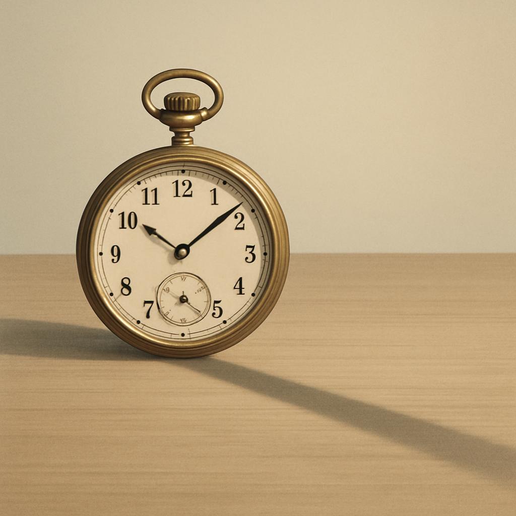 A gold pocket watch with a white face, black markings and hands, and a shadow on a light beige background stands on what a...